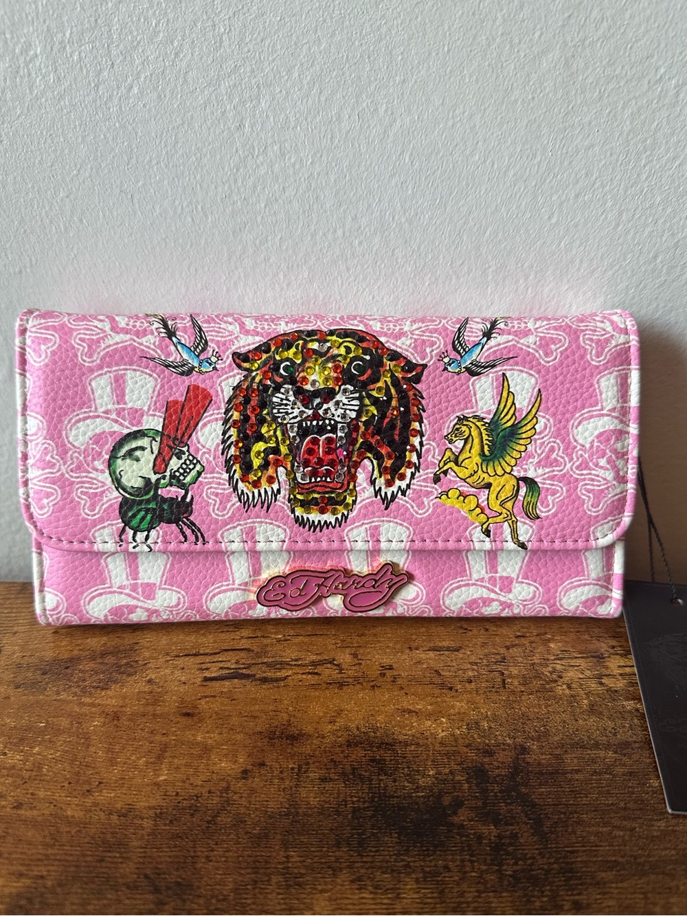 Ed Hardy Pink Graphic Fold Out Wallet with Rhinestone Tiger & Tiger Charm NWT